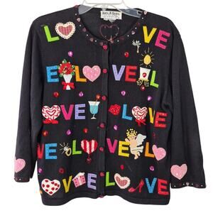 Jack B Quick Black Red Green LOVE Hearts Embellished Beads Embroidered Sweater M